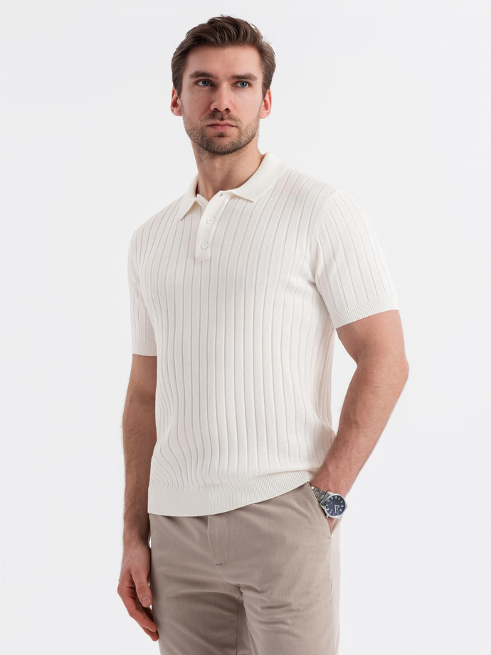 Men's SLIM FIT viscose vertical striped polo shirt - broken white V3 OM-POSS-0143
