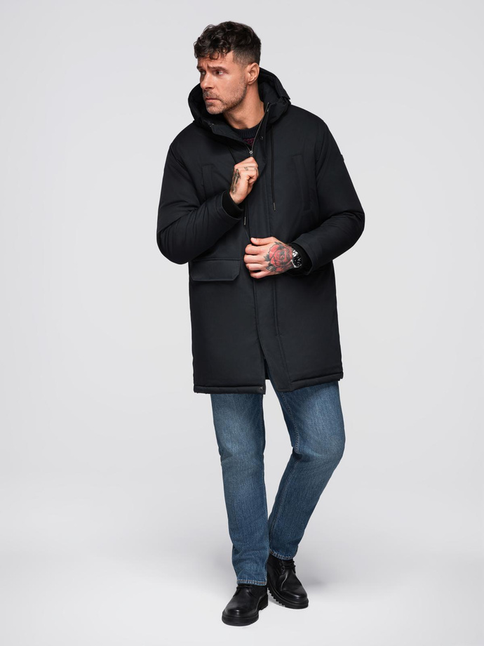 Klasyczna długa męska kurtka typu parka – czarna V6 OM-JAPJ-0313