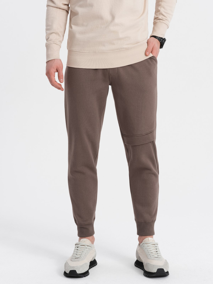 Men's sweatpants with stitching and zipper on leg - brown V4 OM-PASK-0147