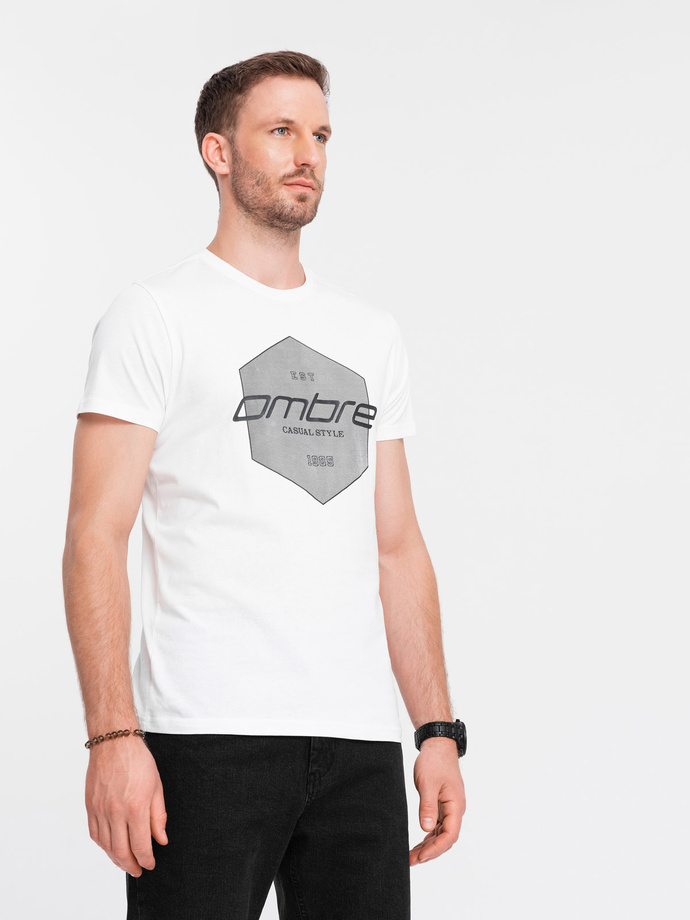 T-shirt męski bawełniany z nadrukiem geometrycznym i logotypem - biały V1 OM-TSPT-0141