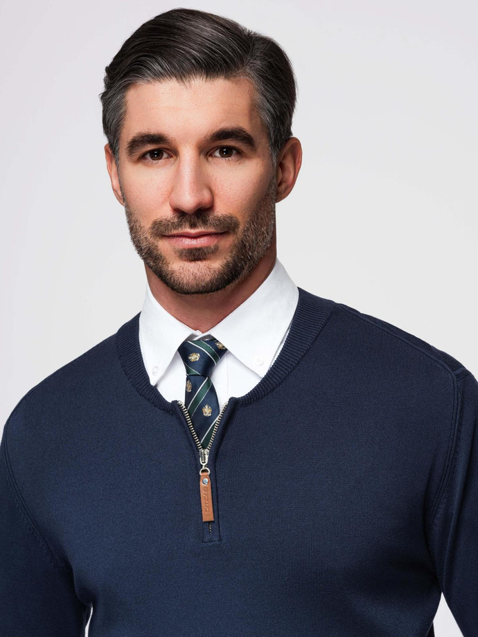 Men's sweater with viscose and spread neckline - navy blue V4 OM-SWZS-0124