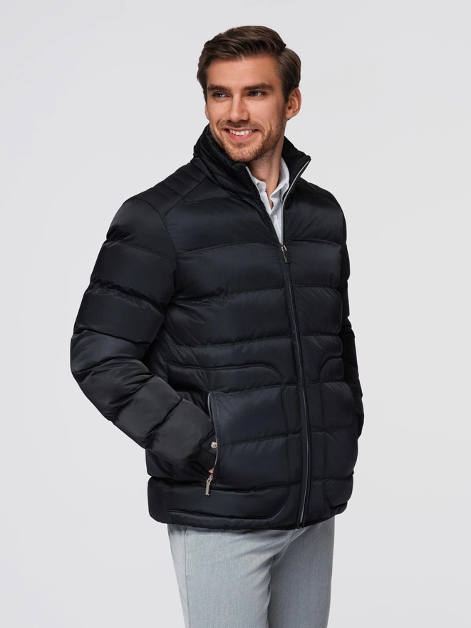 Men's quilted jacket with gloss and stand-up collar - black V1 OM-JALP-0218