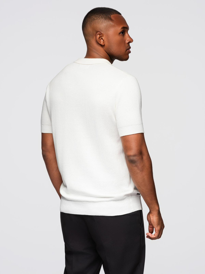 Bawełniana koszulka męska polo ze strukturalnej dzianiny – złamana biel V4 OM-POSS-0117