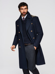 Men's double-breasted coat with wool and decorative shoulder applications - V1 navy blue OM-COWC-0150