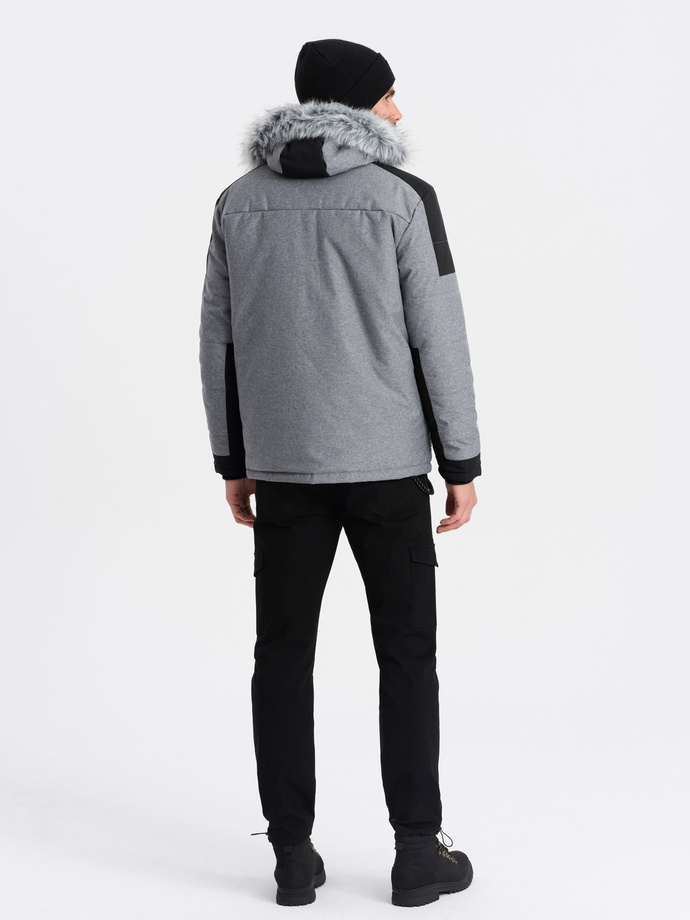 Men's winter jacket with adjustable hood with detachable fur - grey and black V1 OM-JAHP-0144