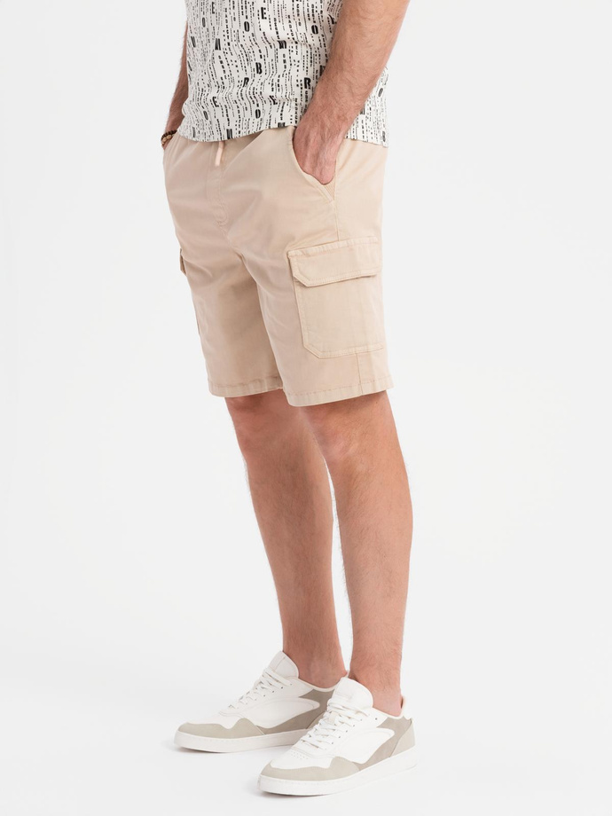 Men's cotton cargo shorts with elastic waistband - beige V3 OM-SRCG-0190