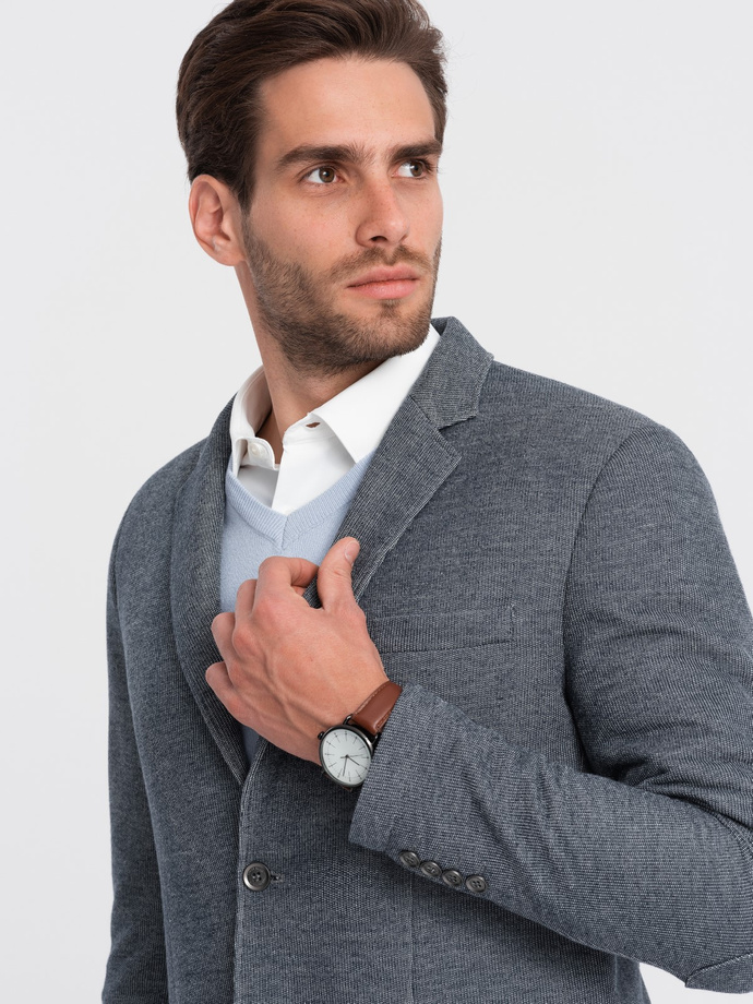 Marynarka męska z łatami na łokciach - granatowa V2 OM-BLZB-0108