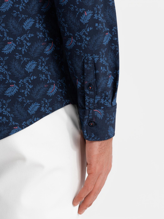 Men's cotton shirt with floral motif - navy blue V1 OM-SHCS-0159