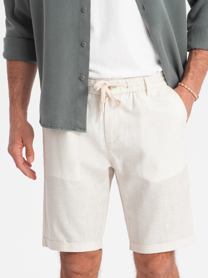 Men's short shorts with linen - cream V2 OM-SRCS-0131