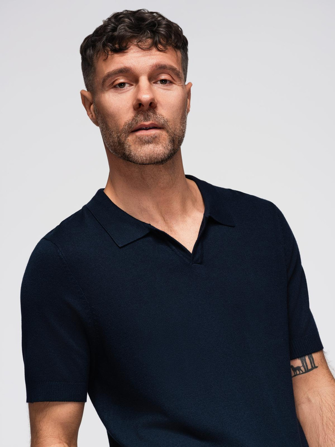 Men's buttonless polo shirt with classic weave - navy blue V1 OM-POSS-0159