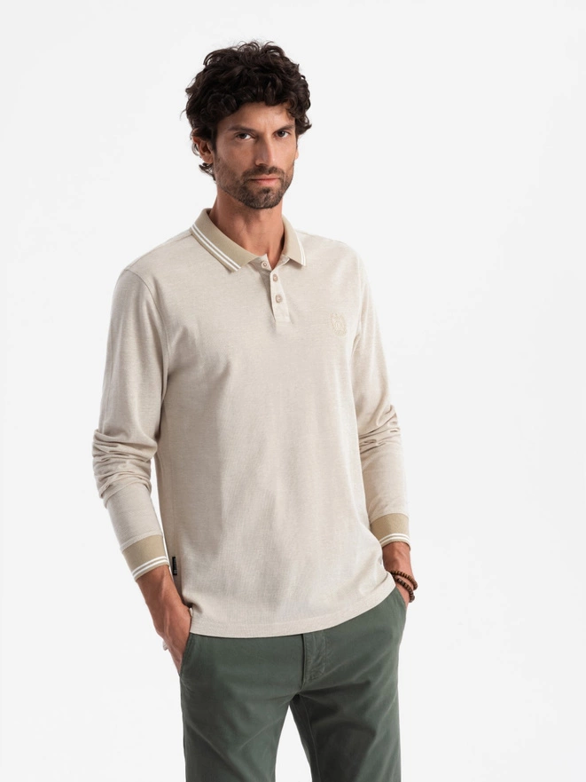 Men's melange polo longsleeve with embroidery - sand melange V4 OM-POLS-0129