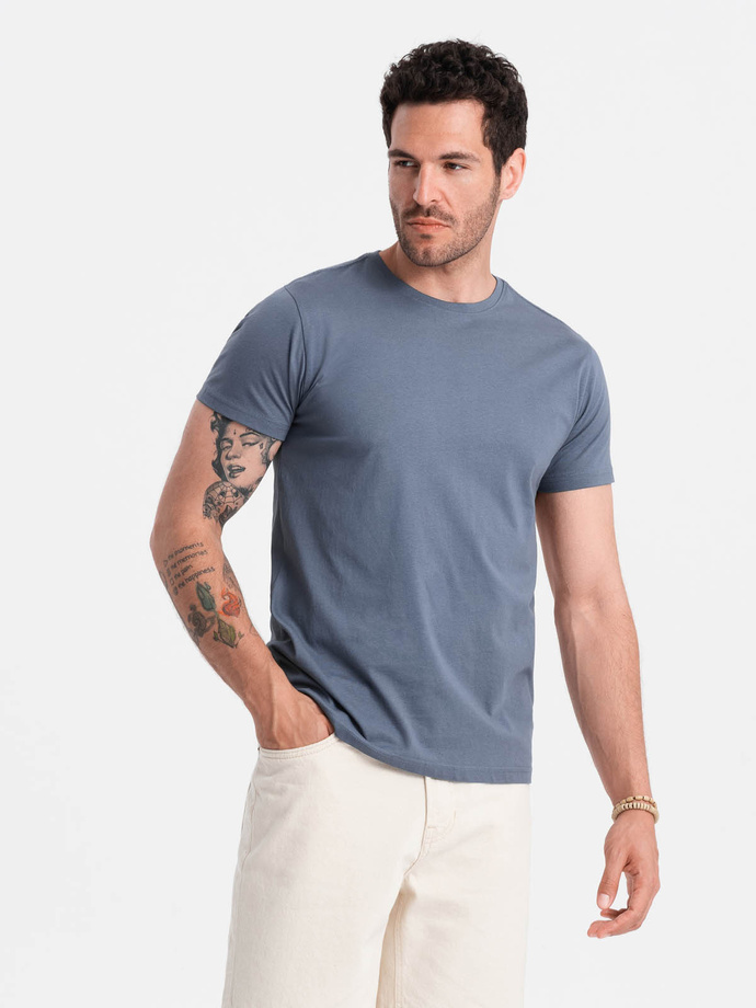 T-shirt męski klasyczny bawełniany BASIC - ciemnoniebieski V18 OM-TSBS-0146