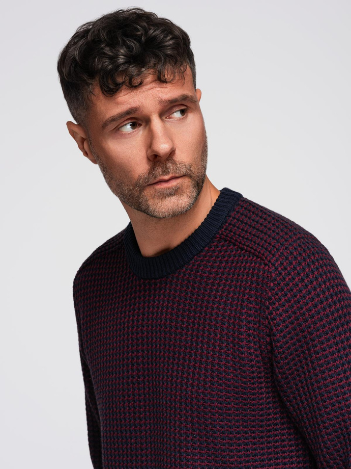 Men's contrast weave sweater with round neckline - maroon V1 OM-SWSW-0122
