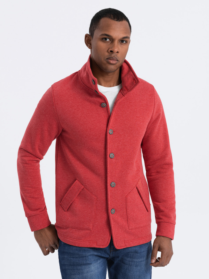 Men's casual sweatshirt with button-down collar - red melange V3 OM-SSZP-0171