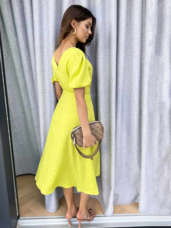 Women's midi dress with sleeves and round neckline elegant ELIA DLR200 - lime green