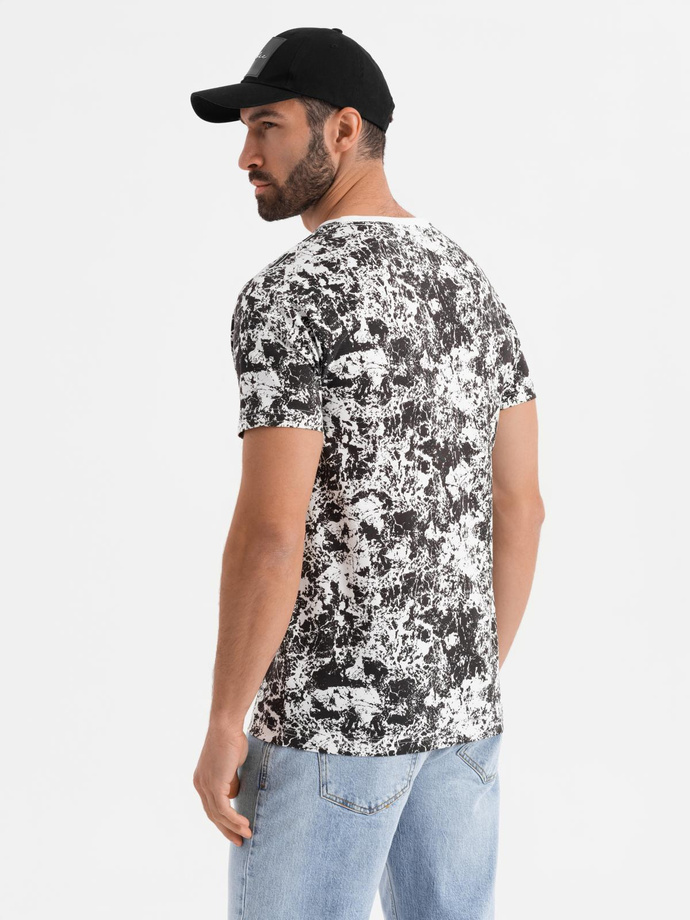 Men's patterned cotton short sleeve T-shirt - white and black V2 OM-TSFP-0223