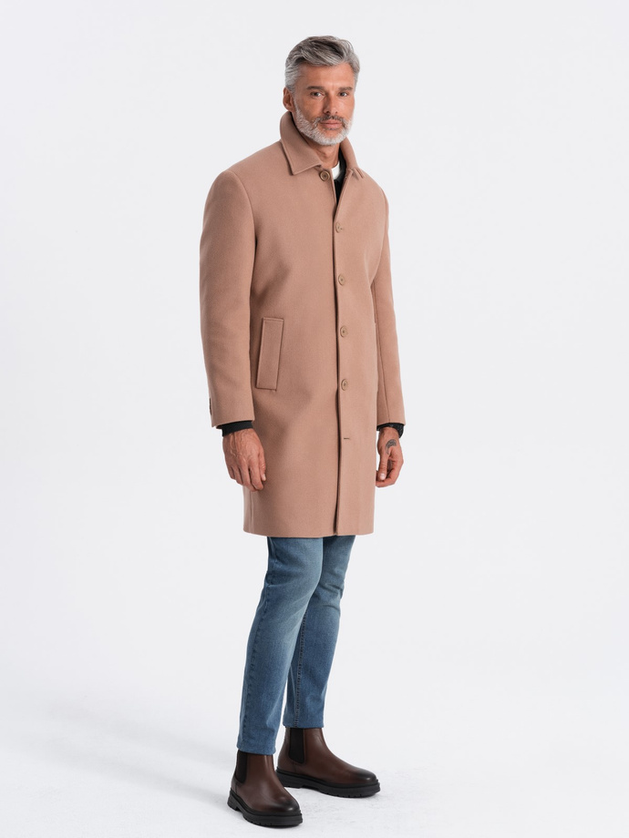 Single-breasted men's long coat with collar and bolster - brown V2 OM-COWC-0106