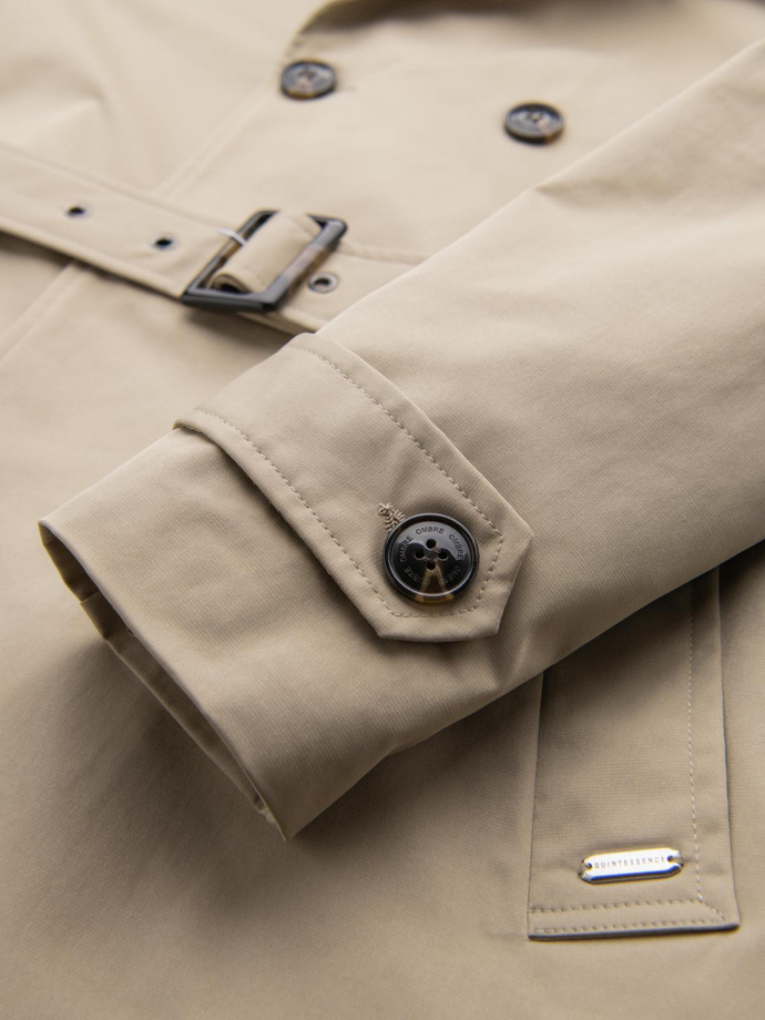 Elegancki męski płaszcz trencz SLIM FIT z paskiem – beżowy V1 OM-COSC-0126