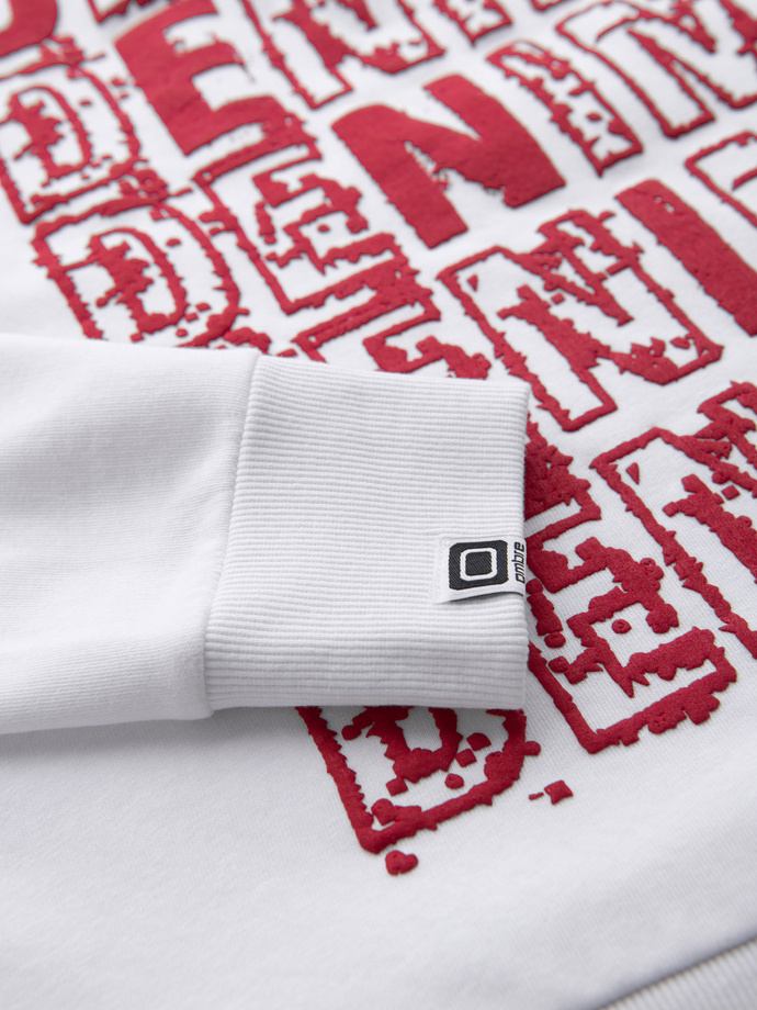 Nierozpinana męska bluza kangurka z kapturem i nadrukiem - biała V3 OM-SSPS-0158