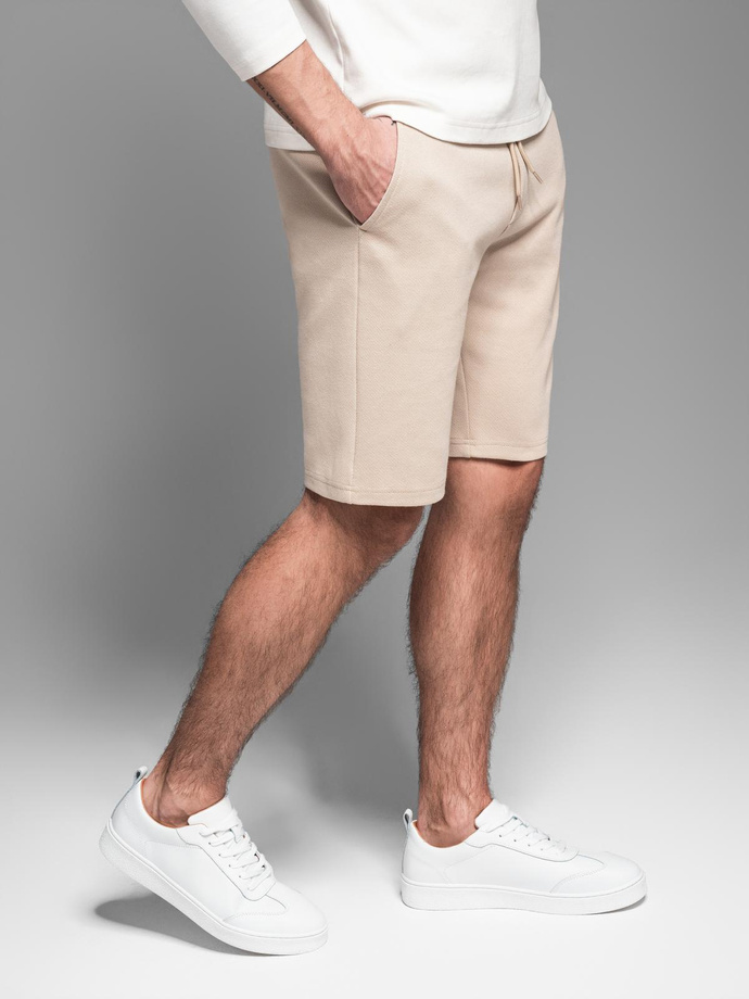 Casual men's SLIM FIT jacquard knit shorts - beige V2 OM-SRCS-0168