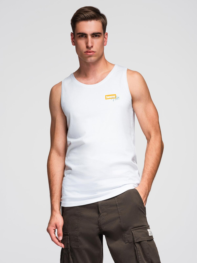 Bawełniany męski tank top z nadrukiem Summer Vibe – biały V2 OM-TSTT-0191