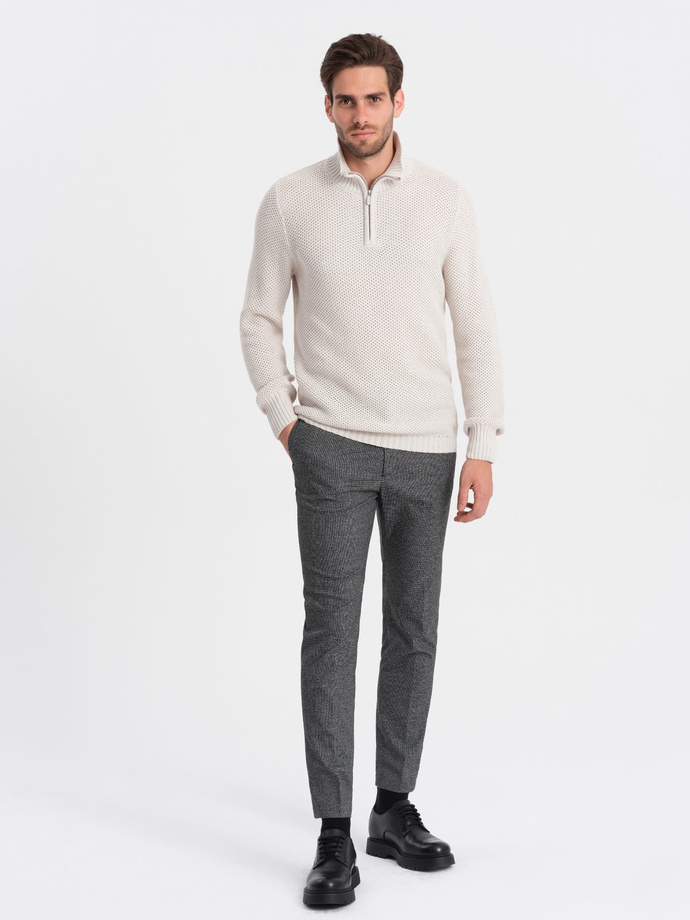 Sweter męski dzianinowy z rozpinaną stójką - kremowy V1 OM-SWZS-0105