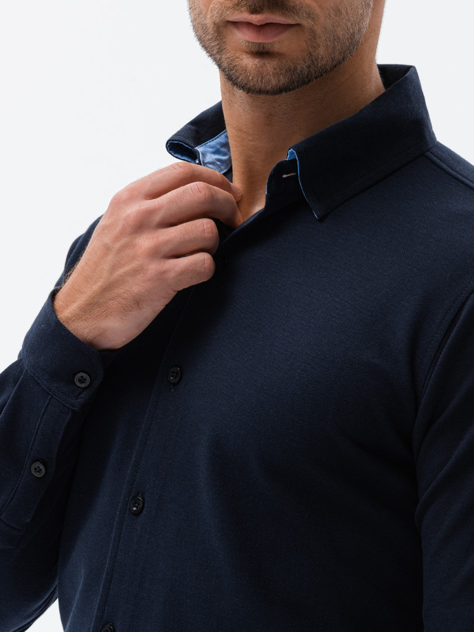 Dzianinowa męska koszula SLIM FIT z długim rękawem – granatowa V2 OM-SHCS-0177
