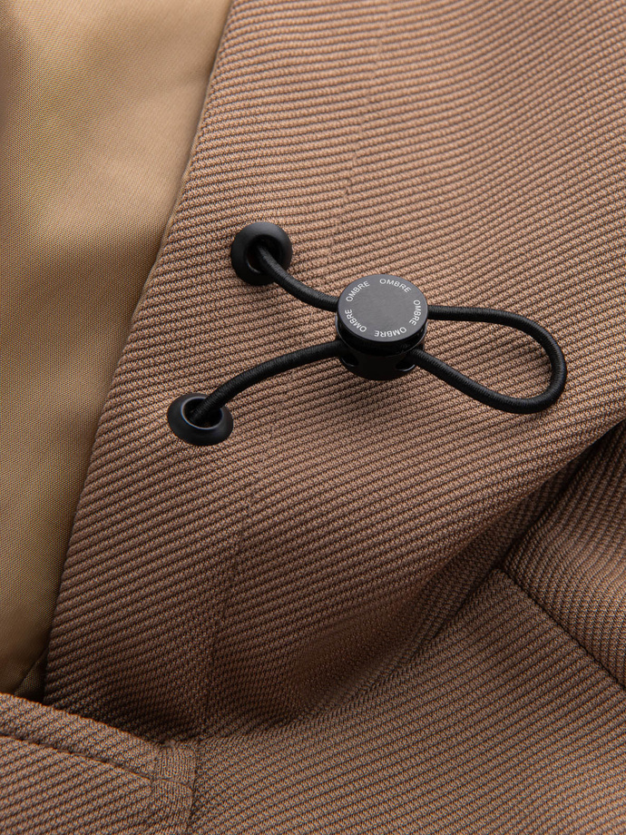 Płaszcz męski z kapturem w delikatny prążek - kawowy V1 OM-COSC-0112