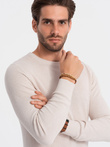 Sweter męski z teksturą i półokrągłym dekoltem - beżowy V6 OM-SWSW-0104