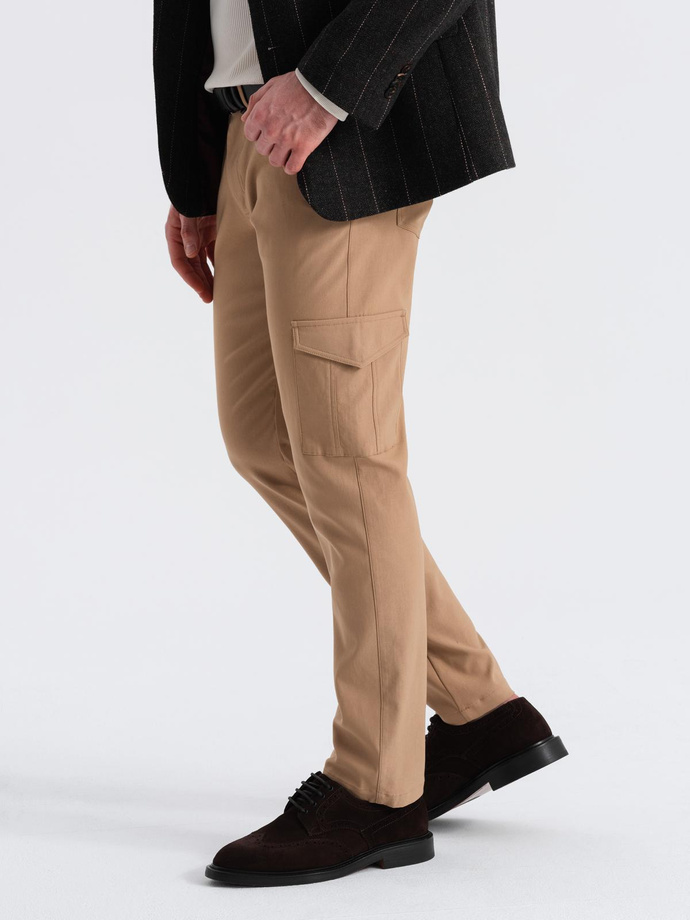 Men's REGULAR fabric pants with cargo pockets - light brown V4 OM-PACG-0178