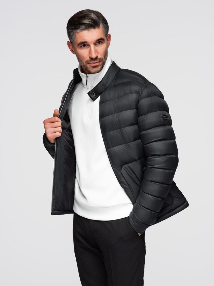 Men's quilted classic jacket with stand-up collar - black V1 OM-JALP-0261
