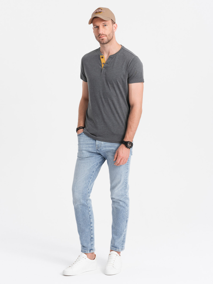 Men's t-shirt with round henley neckline - dark grey V6 OM-TSCT-0155