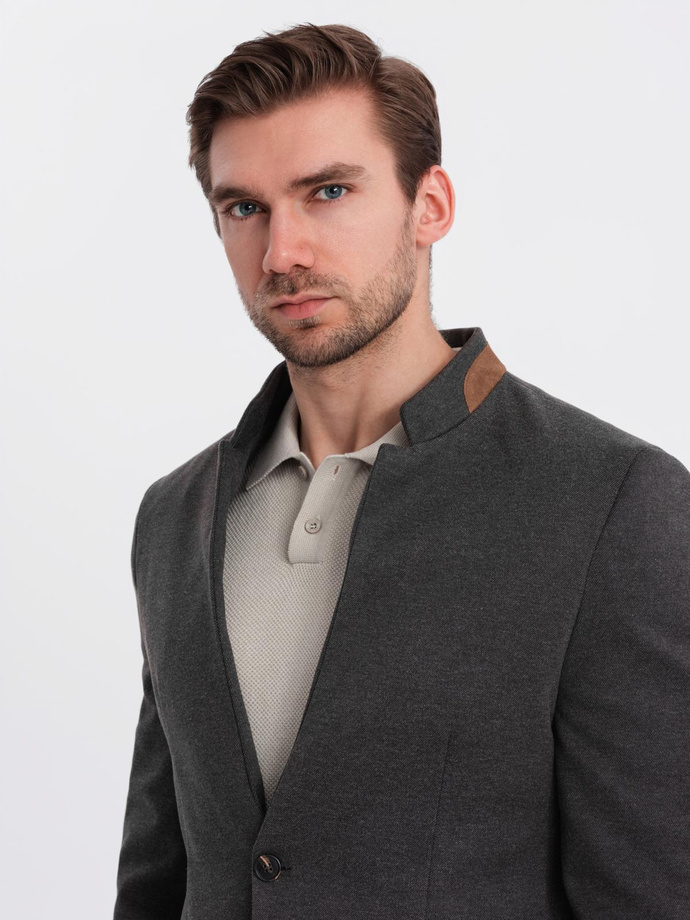 Men's melange rayon jacket with stand-up collar - black melange V5 OM-BLZB-0131