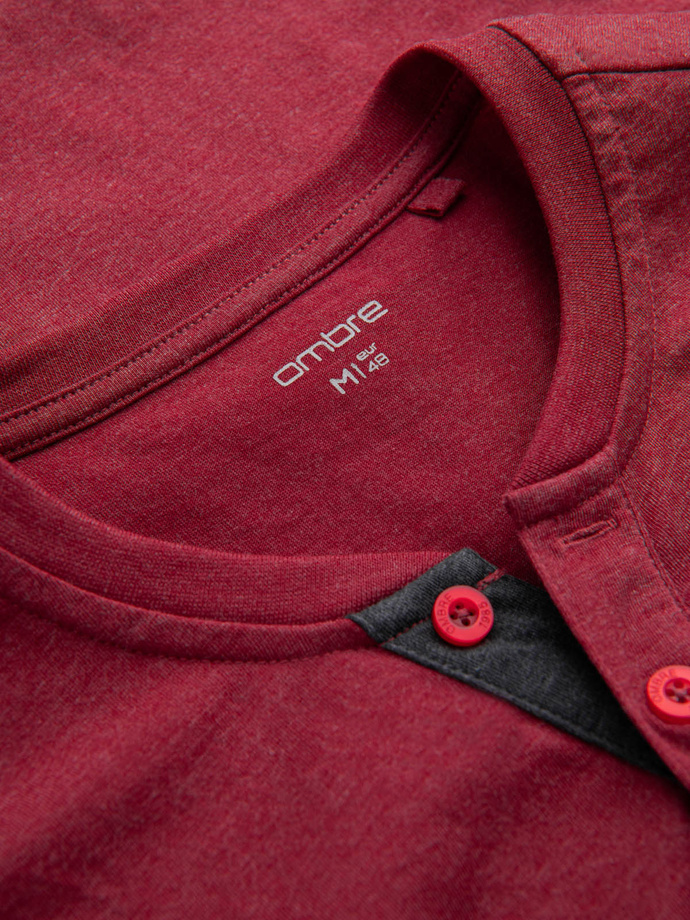 T-shirt męski z okrągłym rozpinanym dekoltem henley – czerwony V1 OM-TSCT-0155