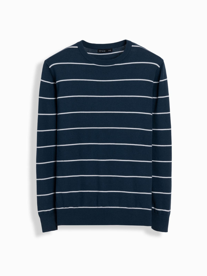 Casual men's sweater with horizontal stripes - navy blue V1 OM-SWSW-0143