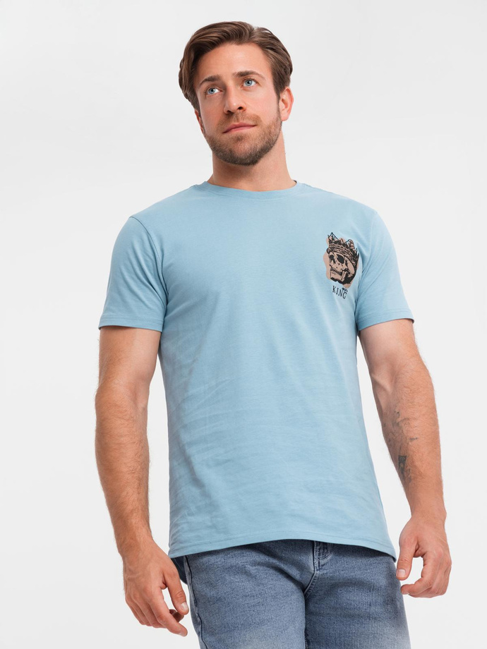T-shirt męski bawełniany z nadrukiem na klatce piersiowej - jasnoniebieski V2 OM-TSPT-0167