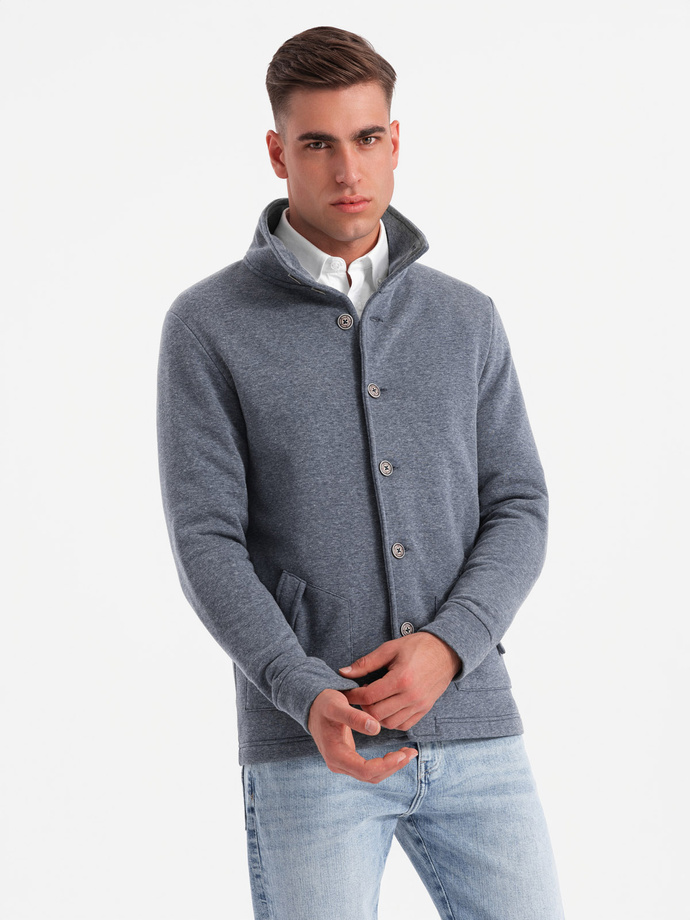 Men's casual sweatshirt with button-down collar - navy blue melange V5 OM-SSZP-0171