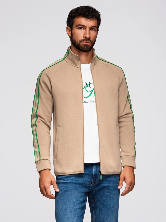 Men's unbuttoned sweatshirt with piping and high collar - brown V1 OM-SSZP-0224