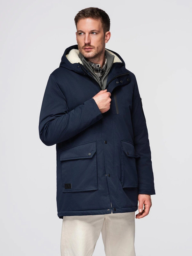 Men's long parka jacket with sheepskin - navy blue V2 OM-JAPJ-0316