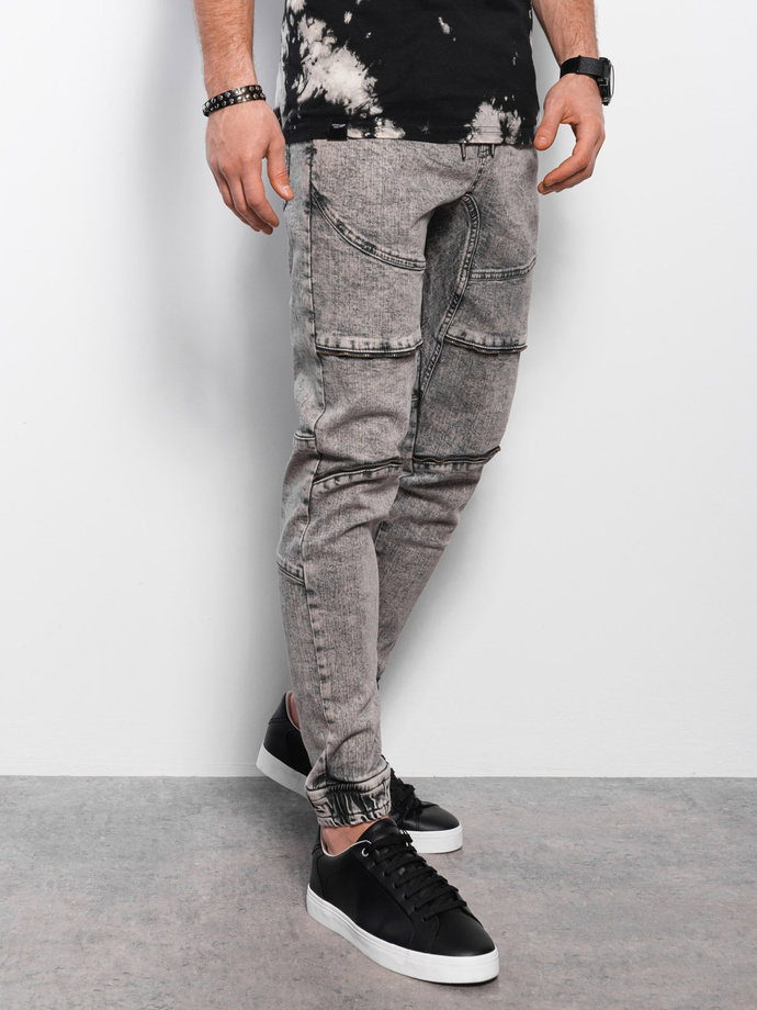 Men's marbled JOGGERS pants with decorative stitching - gray V4 OM-PADJ-0111
