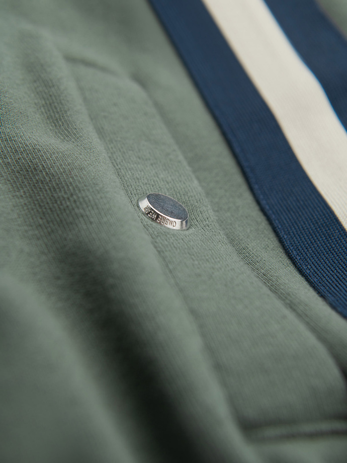 Męskie dresowe spodnie z lampasami i ściągaczami na nogawkach – oliwkowe V2 OM-PASK-0258