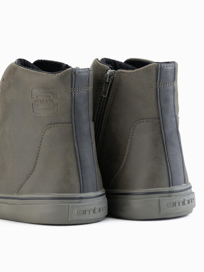 Men's high-top sneakers with matte texture and embossed logo - dark olive V2 OM-FOTH-0185