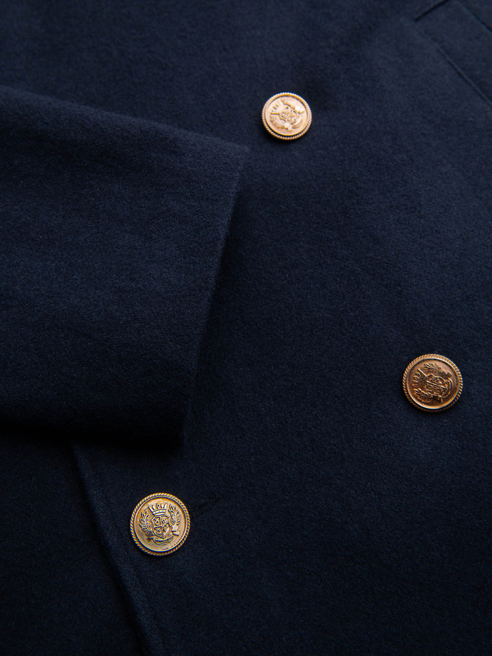 Men's double-breasted coat with wool and decorative shoulder applications - V1 navy blue OM-COWC-0150
