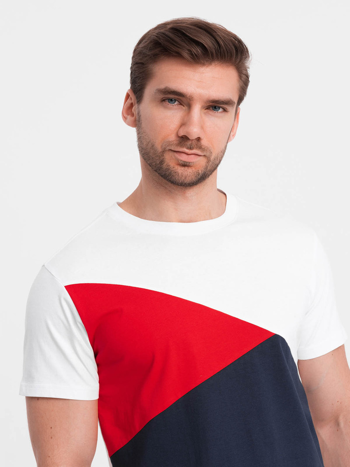 Tri-color men's cotton t-shirt - white and navy blue V3 OM-TSCT-0174