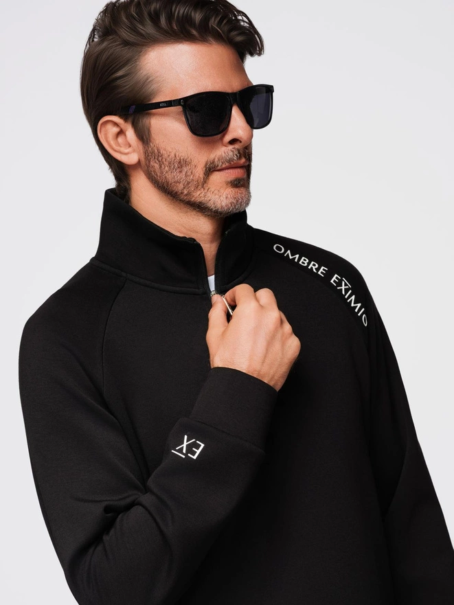 Men's sweatshirt with unbuttoned high collar and contrasting print - black V1 OM-SSZP-0211