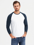 Męski longsleeve z kontrastowymi raglanowymi rękawami – biało-granatowy V1 OM-LSCL-0105