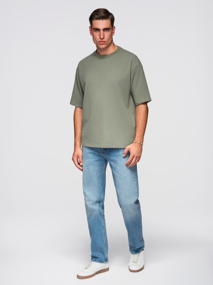 Men's LOOSE FIT cotton t-shirt with round neckline - khaki V8 OM-TSBC-0234
