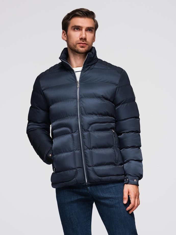Men's quilted jacket with sheen and stand-up collar - dark blue V2 OM-JALP-0218