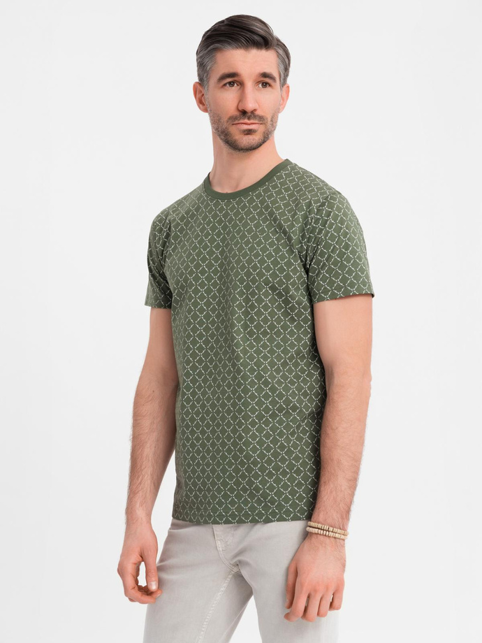 Koszulka męska dzianinowa z nadrukiem full print – oliwkowa V2 OM-TSFP-0250