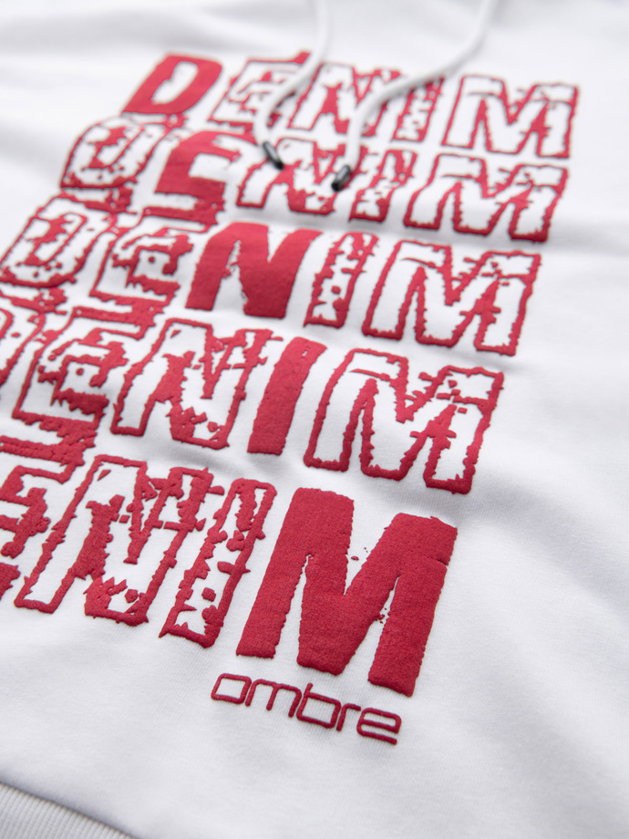 Men's non-stretch kangaroo sweatshirt with hood and print - white V3 OM-SSPS-0158